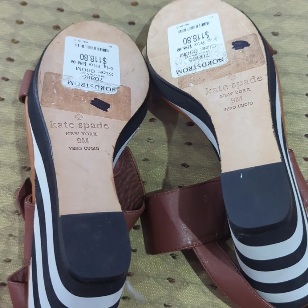 kate spade Brown Leather Striped Wedge Sandals